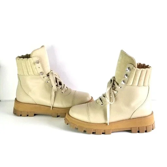 SCHUTZ Women's Sutton Leather Lace Up Hiker Boots Oyster 8.5 Beige Booties - Picture 7 of 14